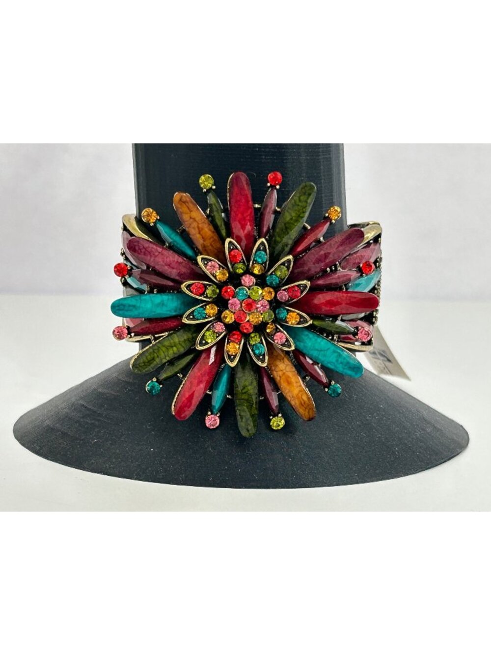Vintage SDLZ Colorful Rhinestone Flower Faceted Cuff Bracelet Gold-Tone Costume